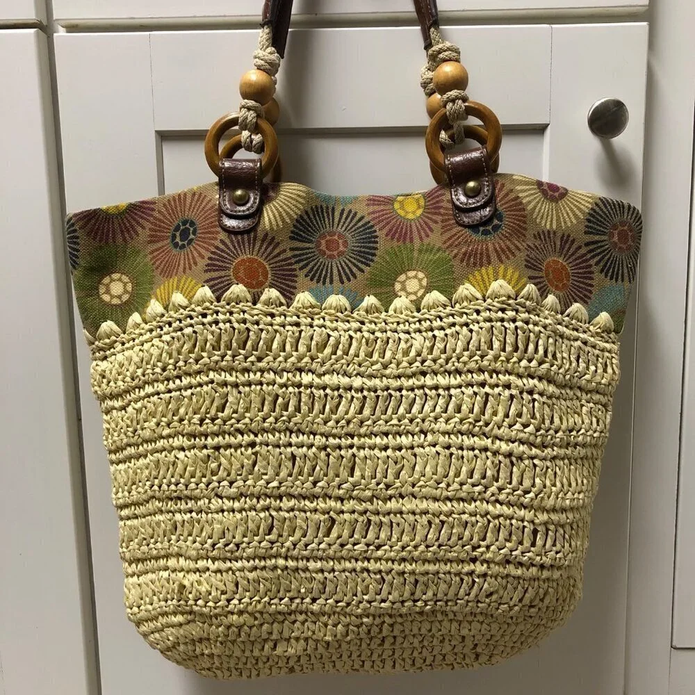Fossil Straw Purse Shoulder Tote Bag Floral Woven Jute Handbag Boho Slouchy Hobo